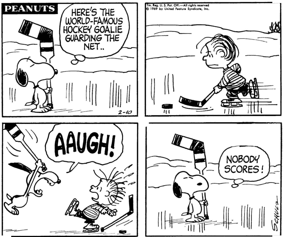 PlayOnCanada's tweet image. We all know that one #goalie... #TendyTuesday #Hextall #GreatSaveCloutier #Peanuts