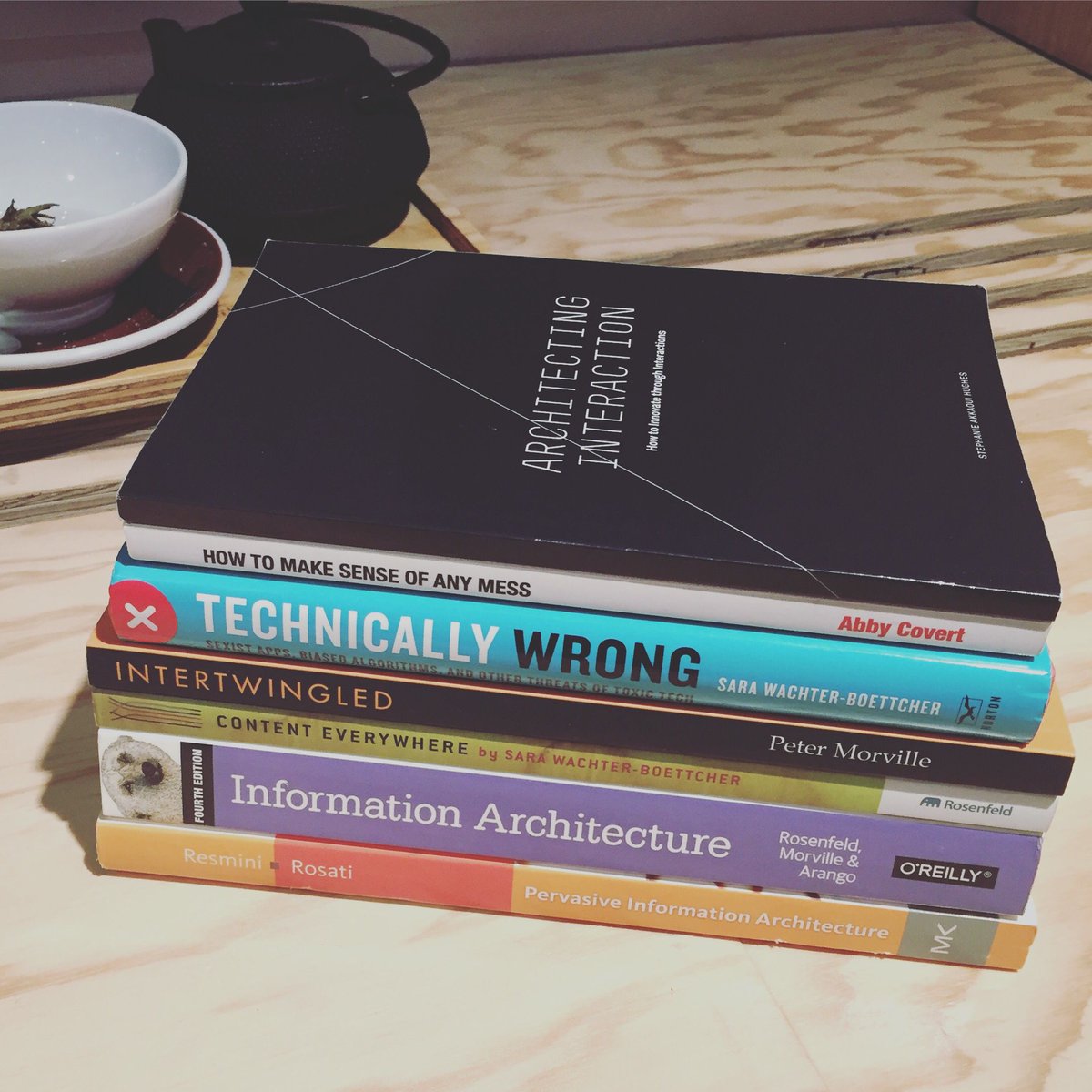 WIADGenova's tweet photo. RT @WIAD_Zuerich: Good reads only. As in: a pile of some (!) of the books our current and past speakers have written! @morville @resmini @Abby_the_IA @sara_ann_marie @AKKAarchitects #wiad18 #WIAD #goodreads #uxbooks #IAbooks https://t.co/PuvmeZyDyS