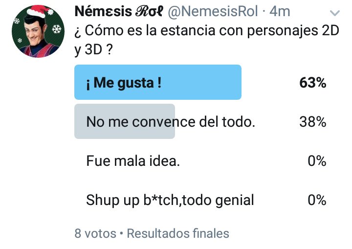 NemesisRol's tweet photo. Estos fueron los resultados, ¿ Qué os parece hacer alguna actividad con la que tengáis que interactuar 2D-2D / 2D-3D / 3D-3D ? Según las parejas que salgan /gg.

#AdminG https://t.co/GTmtB7ucJS