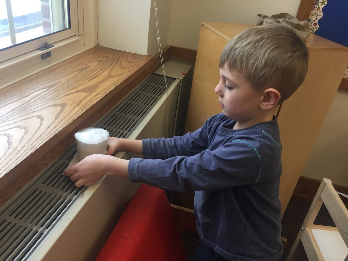 KeahLarsen's tweet photo. Day 2 of our snow experiment! Which cups full of snow melted first? Which cups melted last? Did any cups not melt at all? All depends on location...#FoxMeadowPride https://t.co/ChVR0tJqCx