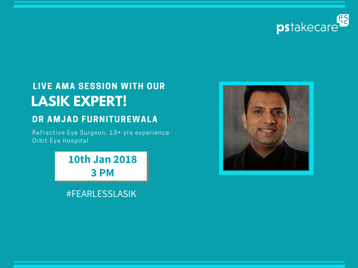 pstakecare's tweet photo. Wish to remove Eyeglasses but scared of #LASIK?

Visit #PSTakeCare's FB page on 10th Jan, 3pm for the Live #AskMeAnything session with Dr Amjad Furniturewala to get all your answers to your questions &amp; concerns regarding Lasik.
#FearlessLASIK #FacebookLive
https://t.co/gOY6HZ94bF https://t.co/W6BZscgcz6