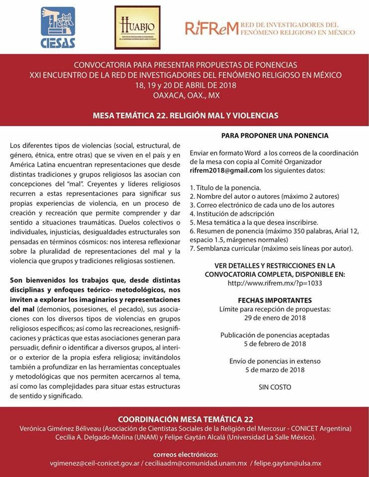 CeciDelgadoM's tweet photo. Falta #20días p cierre d Recepción de Ponencias Encuentro #RIFREM 2018 ¡esperamos sus propuestas mesa #Religion #mal y #violencias ! Agradecemos RT y nos vemos en Oaxaca! @institutomora @Cehilanet @PosgradPolitica @ibero_posgrados @ppel_unam @Revista_SyR https://t.co/WFc66fXtLP