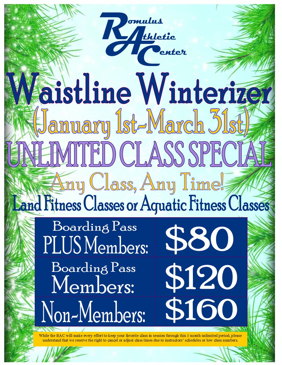 RomulusAC's tweet photo. The Waistline Winterizer - Unlimited group or aquatic fitness class pass, good now through March 31st!  Any class, any time. #UnlimitedFitness #Romulus https://t.co/keMIXUESGH