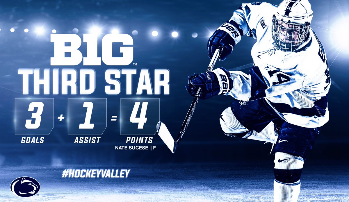 PennStateMHKY's tweet photo. Sophomore @nate_sucese earns @B1GHockey Third Star of the week after his performance this past weekend against Wisconsin, which included the game-winning goal and his first career hat-trick on Friday night! #WeAre #HockeyValley

Read ➡️ https://t.co/zN3iIMwQ2z https://t.co/nBNZ9xlL56