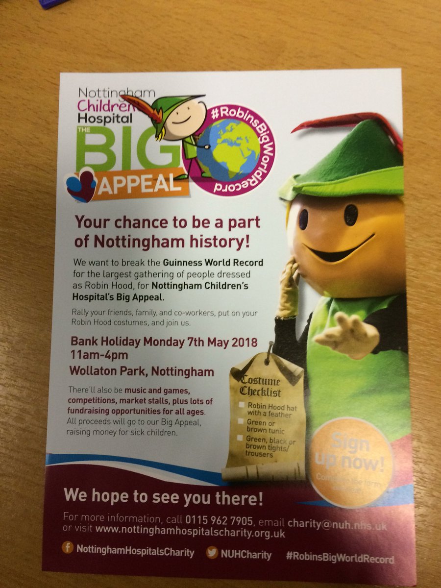 robinhood's tweet photo. Excited to be involved in helping promote Nottingham Children’s Hospital big appeal in May: how many Robin Hoods can we get in one place at one time? https://t.co/g9xpAKzrcF