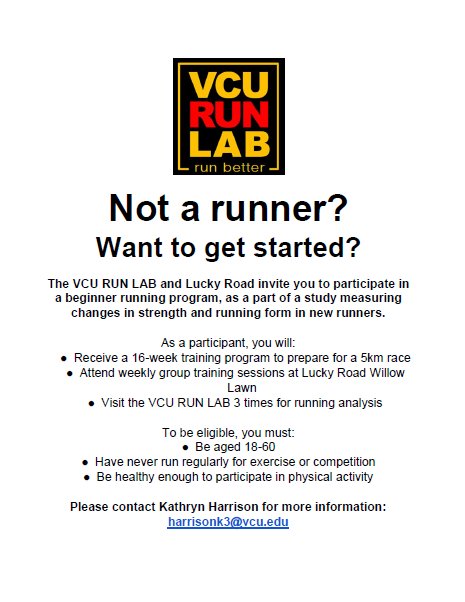 VCURUNLAB's tweet photo. Not a runner? Want to get started? We're excited to be working with Lucky Road Run Shop to put on a program for new runners as part of a research study. Take a look! https://t.co/I3pDNUCM8n