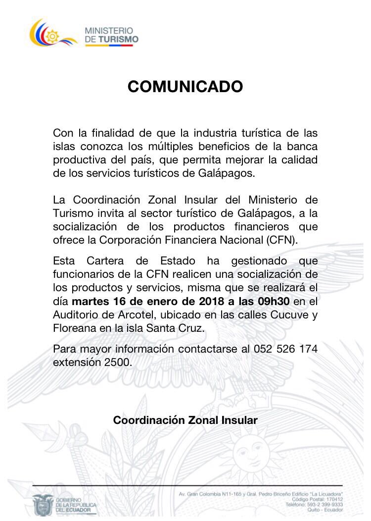 ANDREMARIAR's tweet photo. Hoy estuvimos en @santacruzradio informando sobre la socialización de productos financieros para el sector turístico, que realizará @CFN_ECUADOR en coordinación con @GalapagosMintur. https://t.co/xp9I2aa3ii
