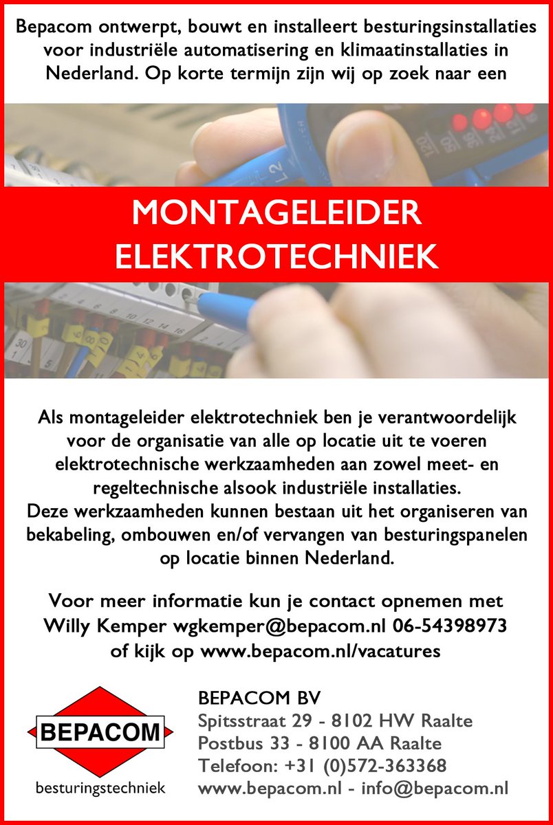 Wij zijn op korte termijn op zoek naar een MONTAGELEIDER ELEKTROTECHNIEK
Kijk voor meer info op bepacom.nl/vacatures/9/mo…