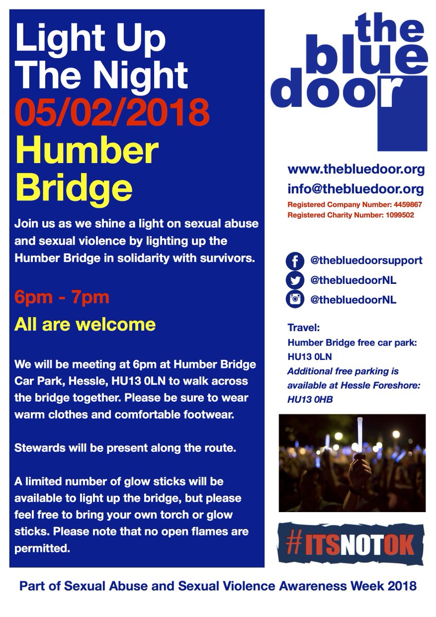 TheBlueDoorNL's tweet photo. Join us as we Light up the Night on Humber Bridge, 05/02/18, standing in solidarity with survivors of sexual abuse and sexual violence #itsnotok #metoo Let us know if you're coming here... https://t.co/yxKFLpzjsy https://t.co/2w4nYxWmeG