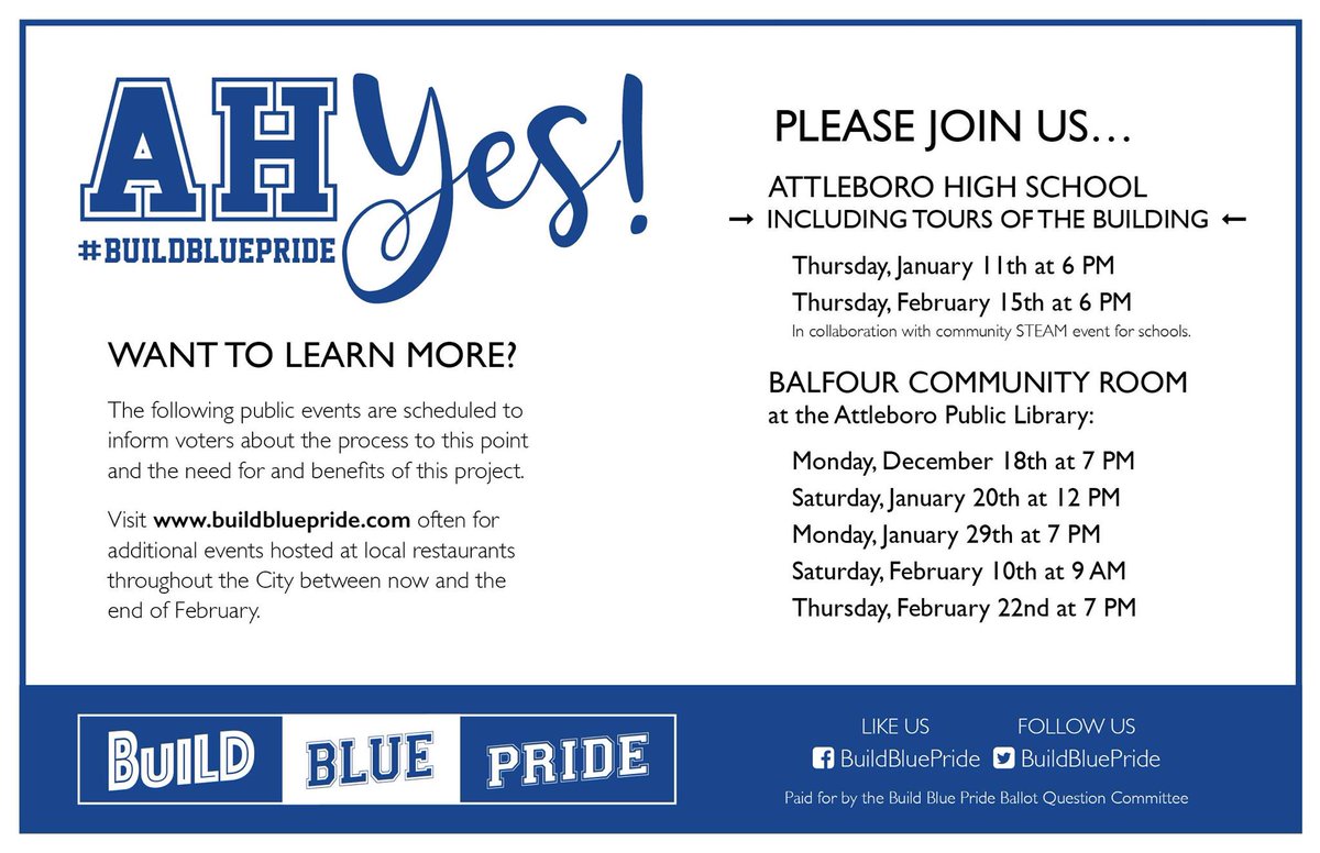 buildbluepride's tweet photo. THURSDAY: Come see first-hand the current AHS building, and learn about the need for a new AHS. Tour takes place this Thursday, 1/11, @ 6pm and will begin in the mini-auditorium. #BuildBluePride https://t.co/jiXp3VWtgK