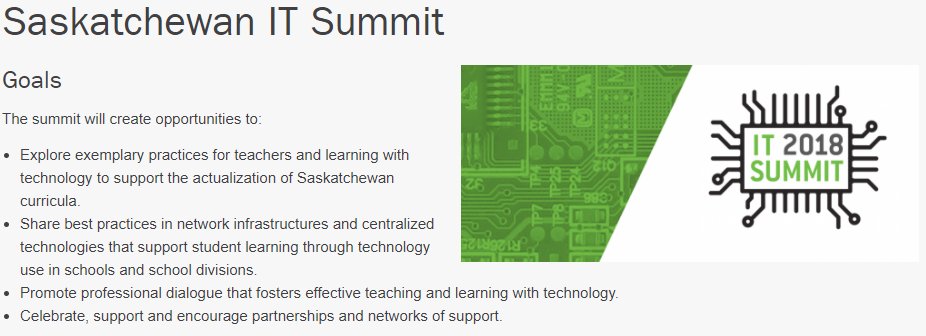 jrswanster's tweet photo. Plans for this year’s IT Summit 2018 are well underway. We are encouraging you, your friends and colleagues to submit a presentation proposal! https://t.co/verrYhP5QD. #shareandsharealike #skdlearn #edchatSK #SKteachers #retweetplease https://t.co/cipicVFJCA