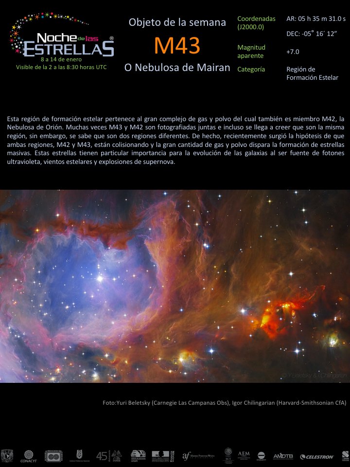 NocheEstrellas's tweet photo. #ObjetodelaSemana. M43. Esta región de #formaciónestelar pertenece al gran complejo de gas y polvo del cual también es miembro M42, la #NebulosadeOrión. Recientemente surgió la hipótesis de que ambas regiones, M42 y M43, están colisionando. https://t.co/F8WtLNu7GI https://t.co/BRsnah0tuW