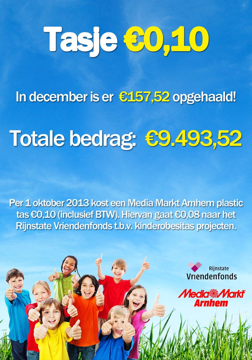 Een plastic tasje kost bij MM Arnhem €0,10 (incl. btw), maar daarvan gaat €0,08 naar het <a href="/vriendenfonds/">Rijnstate Vriendenfonds</a>! We hebben al €9.493,52 opgehaald!
