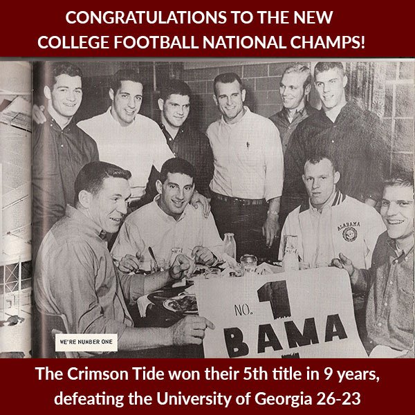 Congratulations to <a href="/AlabamaFTBL/">Alabama Football</a>  for winning the 2018 College Football Championship! 

For more 'Alabama Football Tales: More than a Century of Crimson Tide Glory " check out our book: ow.ly/gaus30hFBSI