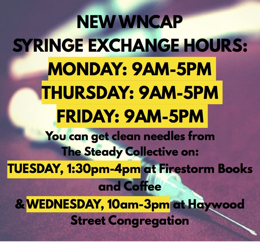 Hey #WNC fam - the #NeedleExchangeProgramOfAsheville is closed today, but you can go to <a href="/FirestormCoop/">Firestorm Books</a> from 1:30pm-4pm for sterile syringes &amp; #naloxone courtesy of <a href="/steadycollectiv/">Steady Collective</a> #harmreduction #naloxonesaveslives #avlnews #NEPA