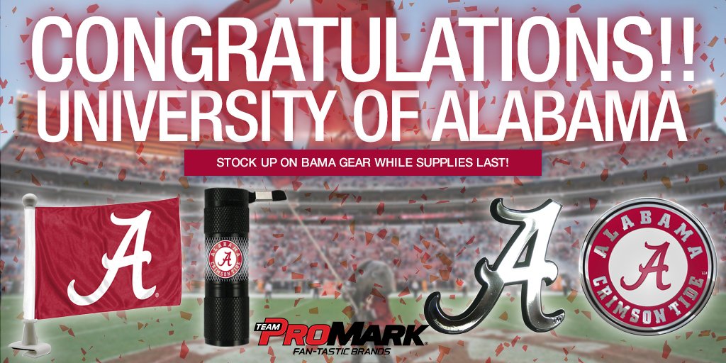 TeamProMark's tweet photo. Congrats to the University of Alabama! The 2018 NCAA National Champions! Stock up on some Bama gear at https://t.co/LAjUsH3K3w. #teampromark #AlabamaCrimsonTide #UniversityOfAlabama #Alabama #CrimsonTide #RollTide #2018NCAANationalChampions #NCAANationalChamps #NationalChamps https://t.co/iv5oBz68nl
