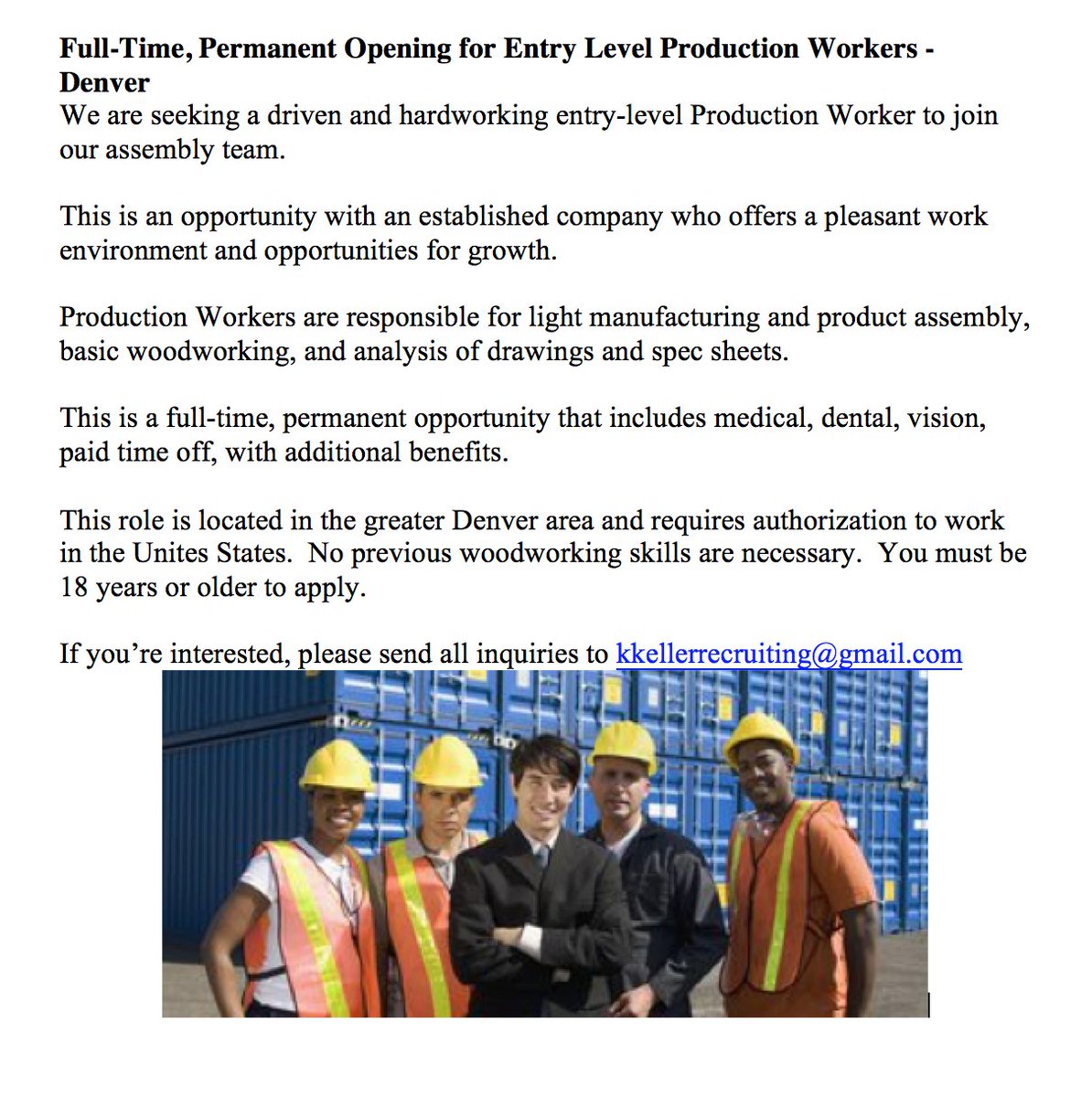 GEDPlusDenver's tweet photo. Full-Time, Permanent Opening for Entry Level Production Workers. If you’re interested, please contact kkellerrecruiting@gmail.com! #EGHS #GEDPlusDenver #GoodwillDenver https://t.co/vm389TdVoY