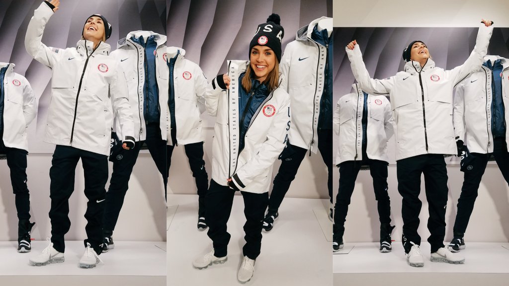 CassidyQuinn's tweet photo. If I were to medal in an Olympic sport, what would it be?? This is the outfit @teamusa will be wearing on the podium in PyeongChang. @nike just unveiled it, &amp; somehow I convinced them I was worthy to wear it for a few ses. I've never felt so cool. But GUYS WHERE'S MY MEDAL?!?? https://t.co/2ntNTYblMX