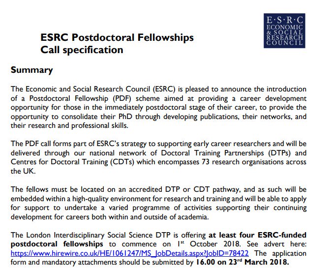 AWright_123's tweet photo. Postdoc opportunities! 4 London-based Fellowships in social science from @lissdtp and @ESRC - deadline 28th March 2018, commence October 2018. More info: https://t.co/t6aCx2dy9N https://t.co/GVwF0R0ZUi