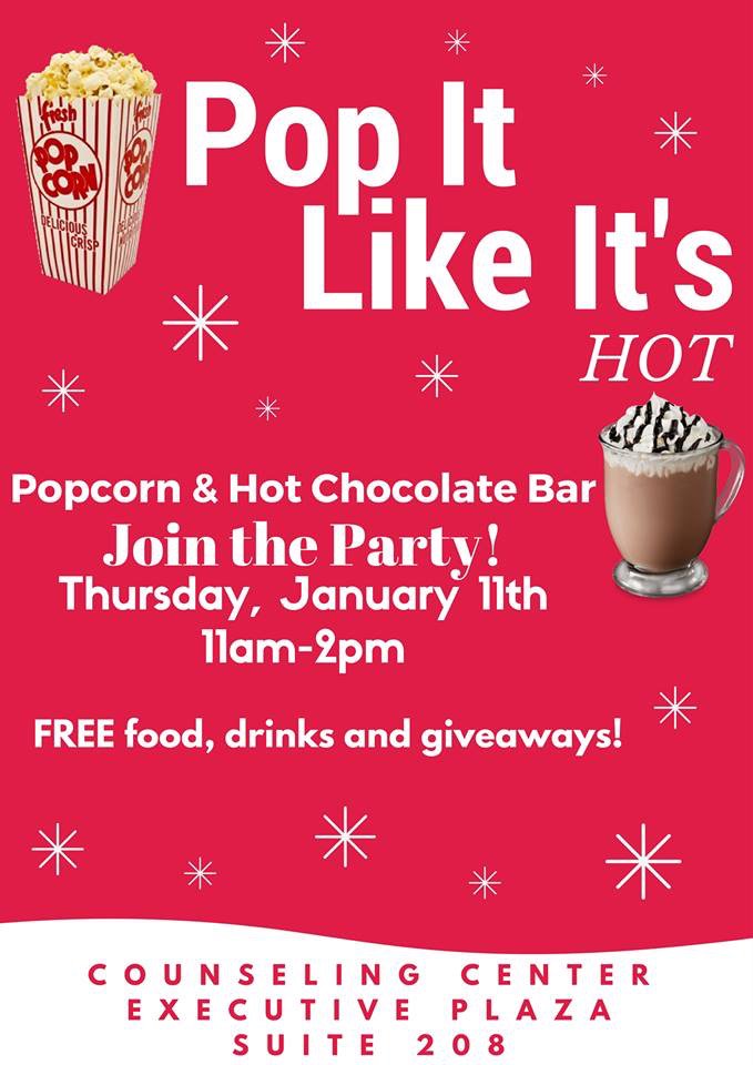 UAHCounsCtr's tweet photo. Pop It Like It’s Hot!! Join us for a popcorn & hot chocolate bar on Thursday, January 11th from 11-2 pm. Free drinks, food & giveaways! Executive Plaza, Suite 208. #UAHWOW #UAHCC https://t.co/6LgB34lMXm