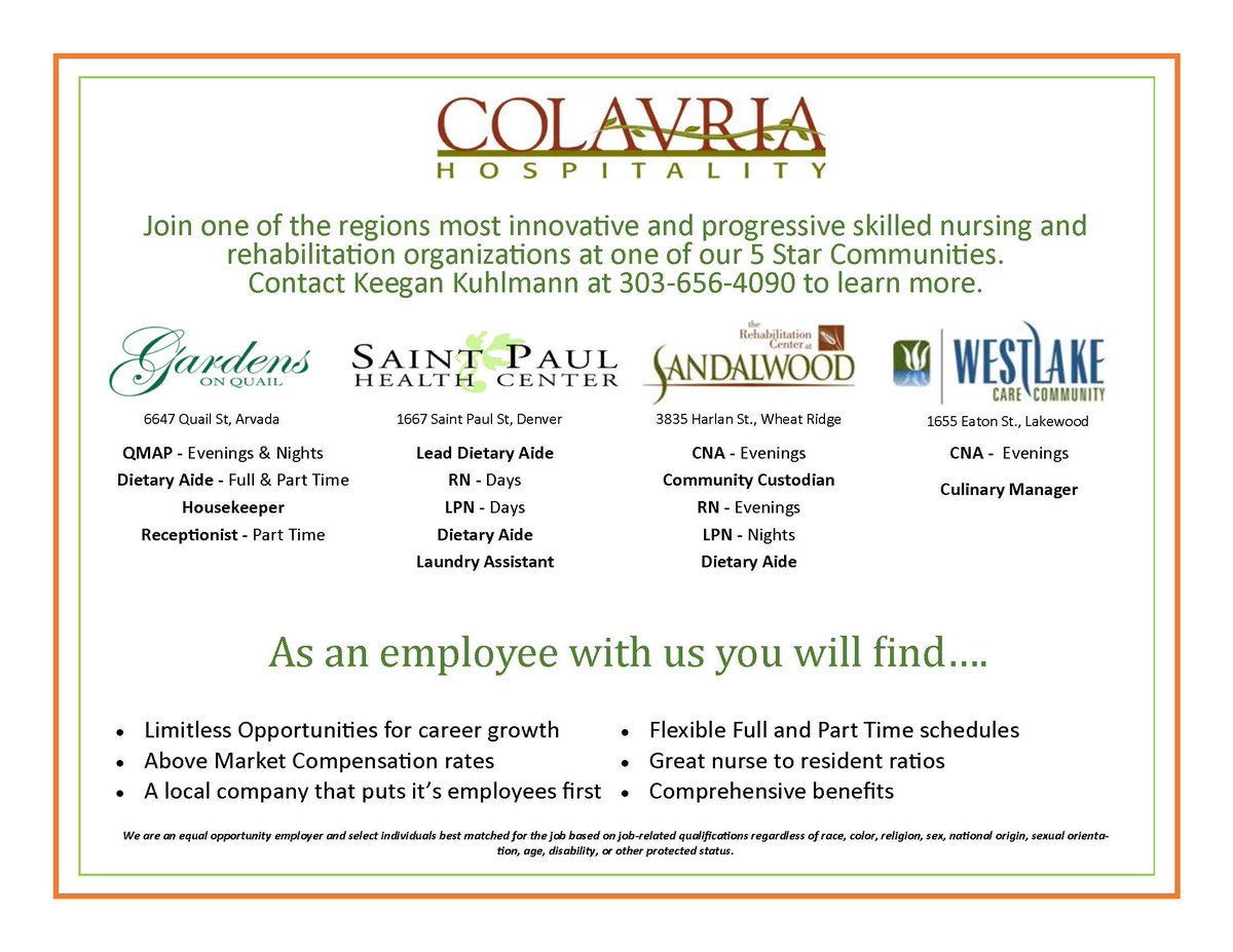 GEDPlusDenver's tweet photo. Colvaria Long-term care facilities are hiring! Contact Keegan Kuhlmann at 303-656-4090 to learn more. #EGHS #GoodwillDenver #GEDPlusDenver #ColvariaHopitality https://t.co/S8SJ2XUfsp