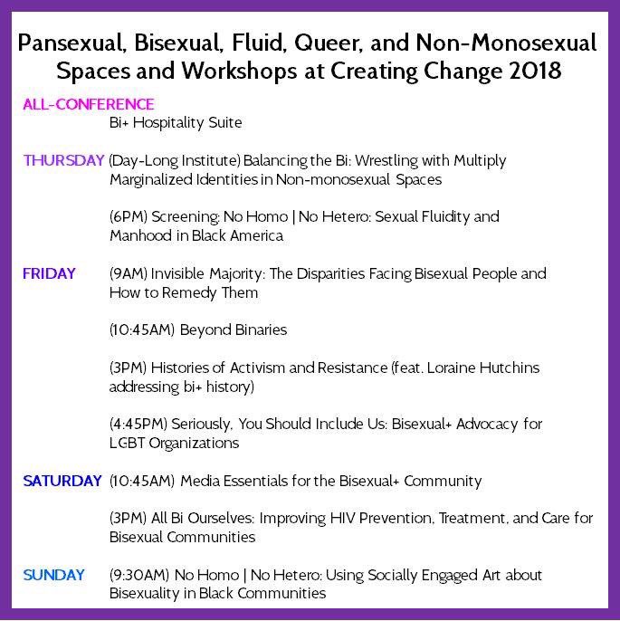 herong's tweet photo. I put together an unofficial agenda of all the awesome #bisexual #pansexual fluid queer spaces and workshops at @TheTaskForce’s #CreatingChange18 in a few weeks! https://t.co/yvKxw5G3nn