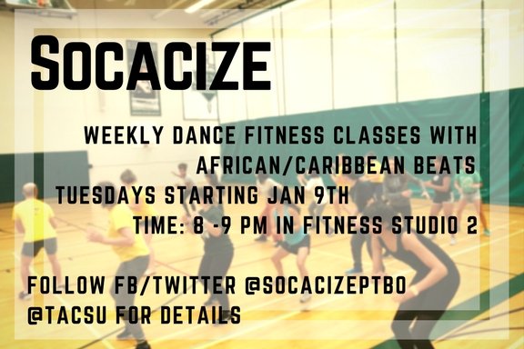 socacizeptbo's tweet photo. Socacize tonight in Fitness Room 2 in Athletics Centre. Try something new this year! Dance fitness to #caribbean#african music. #ptbo https://t.co/9V7BdGaCKc
