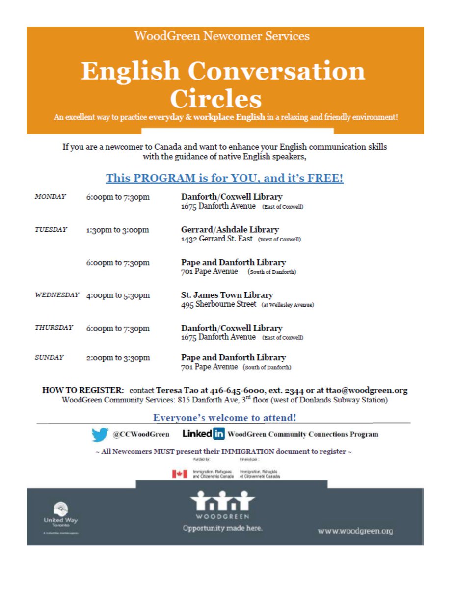 CCWoodGreen's tweet photo. Check out some of our JANUARY ACTIVITIES at @WoodGreenDotOrg😃
Let's start 2018 off right! We are re-starting our #English Conversation Circles and #Pronunciation Class, all happening weekly! 
See flyers for more info. All #Newcomers welcome. https://t.co/eZ0h3o9mrc