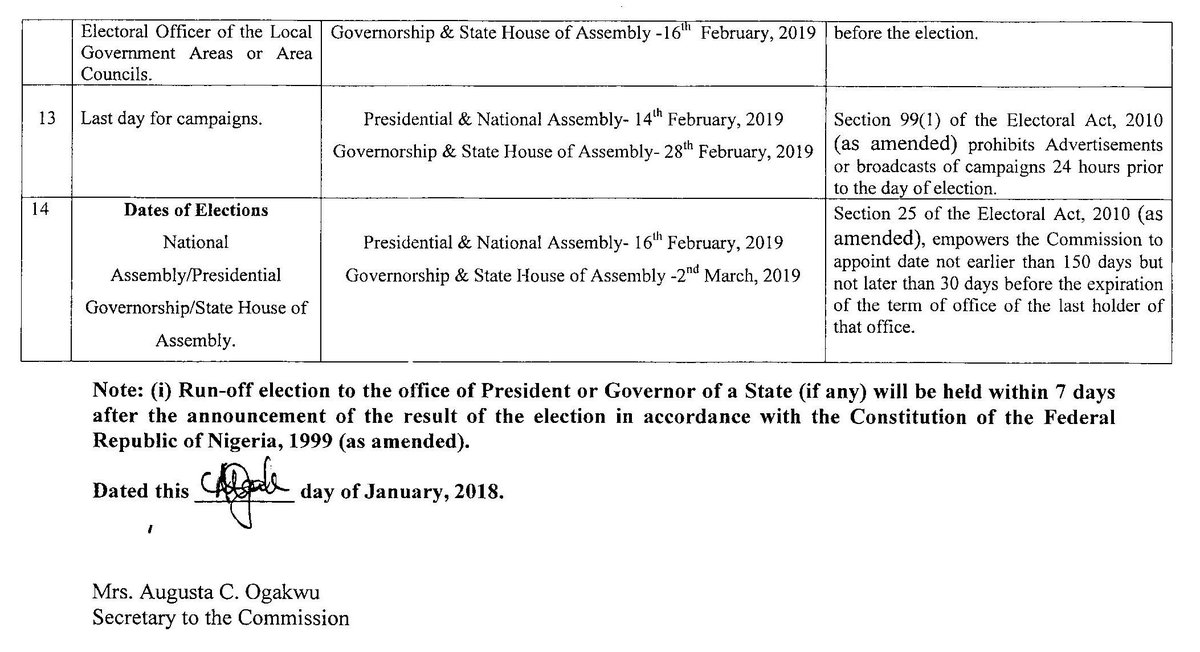 inecnigeria's tweet photo. TIMETABLE AND SCHEDULE OF ACTIVITIES FOR 2019 GENERAL ELECTIONS.
''Today, it is exactly 402 days to the opening of polling units nationwide at 8am on Saturday 16th February 2019.Let us all join hands to make 2019 our best election ever''- Prof. Mahmood Yakubu. https://t.co/CssxGmG2pV