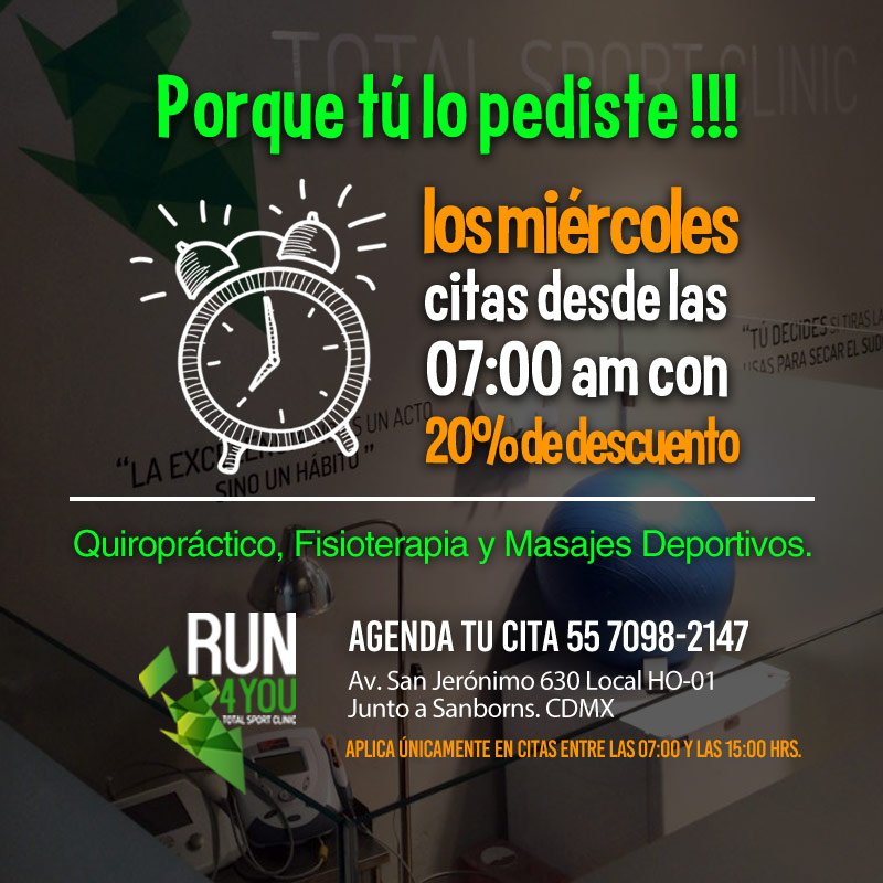 Run4you_TSC's tweet photo. Recuerda que mañana es miércoles y nuestros servicios de Quiropráctico, Fisioterapia y Masajes Deportivos tienen 20%de descuento en horario matutino... 😉
https://t.co/B6wrx2BODg https://t.co/8P8V2ojLIv