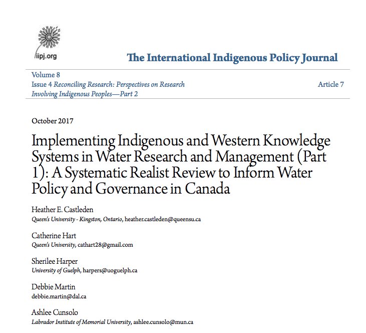 Next up in the #water pubs from our @CdnWaterNetwork-funded research: a systematic literature review on integrating & implementing #Indigenous and Western Knowledge Systems in Water Research and Management to inform water policy and governance in Canada: ir.lib.uwo.ca/cgi/viewconten…