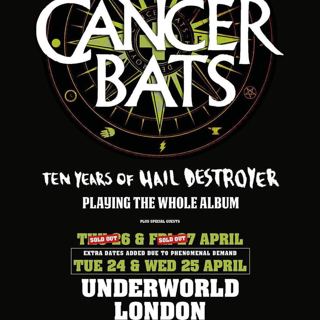 cancerbats's tweet photo. YOOOOOOOOO APRIL 25 IS ALMOST SOLD OUT SO WE ADDED A FOURTH SHOW ON TUESDAY APRIL 24!!! GET YOUR TICKETS QUICK THEY ARE SELLING LIKE HOT CAKES!!! #cancerbats #london #underworld #fourshows #letsdothis via @cancerbats on Instagram https://t.co/vFoNPONUDM