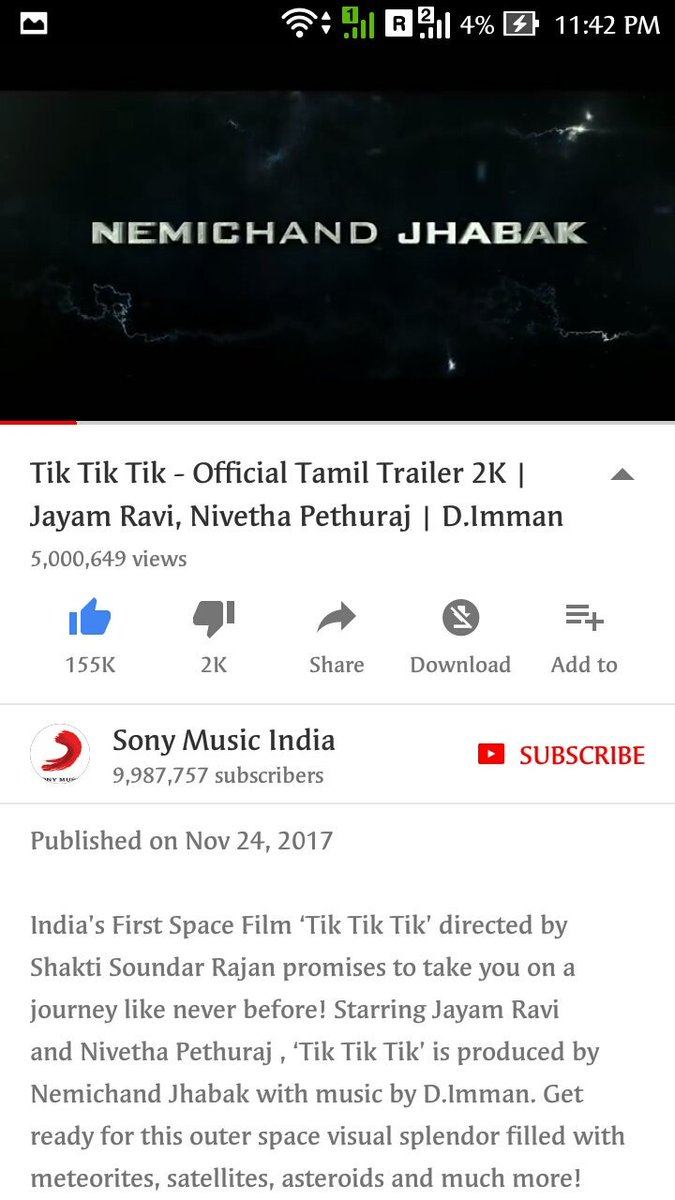 RaaghavRDJ's tweet photo. Its 5000649 + counting views for #TikTikTik trailer in youtube. Very happiiee and waiting for the movie on Jan26th to break all  @actor_jayamravi 's box office record @ShaktiRajan @immancomposer @NPethuraj 
#TikTikTikTelugu #FirstIndianSpaceFilm https://t.co/erKhcgkGLw