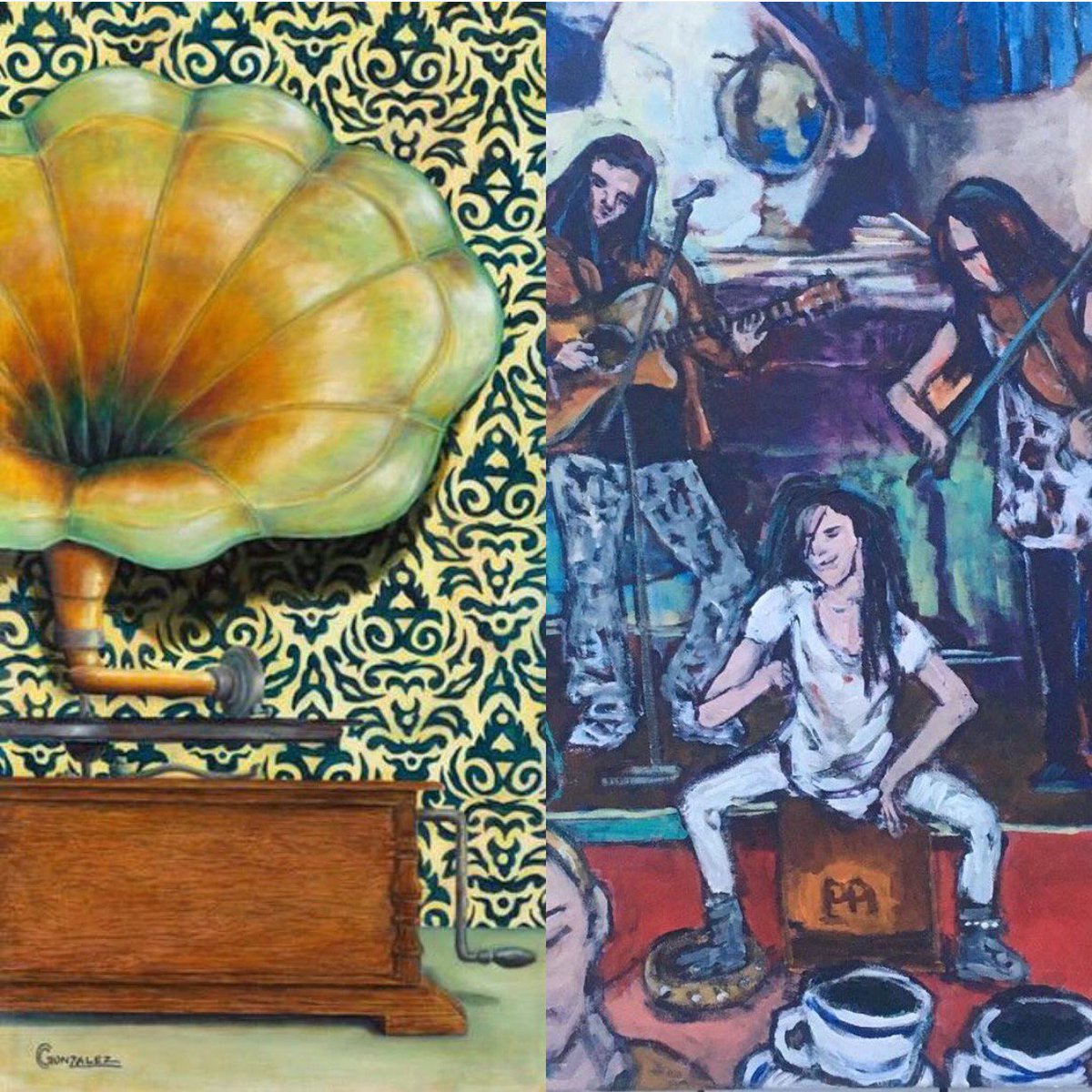 We've passed 4000 votes in our #MagazineCover contest so it must be time for a musical interlude! Vintage beauty in this Gramophone ptg by Carmen Gonzalez or fun funky sounds of <a href="/bardicform/">Bardic Form</a> coming from @acstad's pig You choose:  Vote at: bit.ly/2EHjYsT