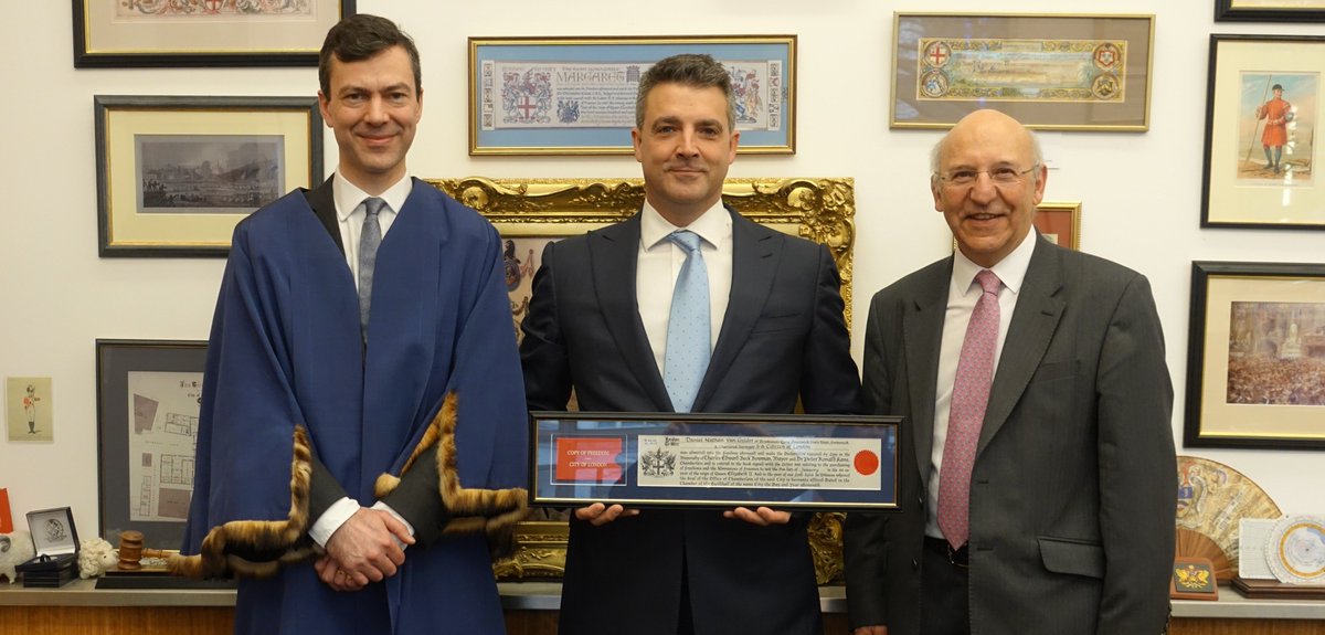Delighted to receive my Freedom of the City of London today, pictured here with previous Lord Mayor Sir Mike Bear and Deputy Alistair Moss. A real honour and a great day of learning and fun for my family #CityofLondon
