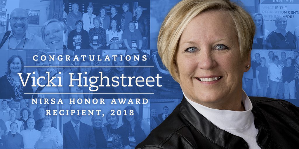 NIRSAlive's tweet photo. We are absolutely thrilled to announce that Vicki Highstreet is the recipient of the 2018 NIRSA Honor Award! https://t.co/bPXORrTRGM https://t.co/6mYk8EV2cc