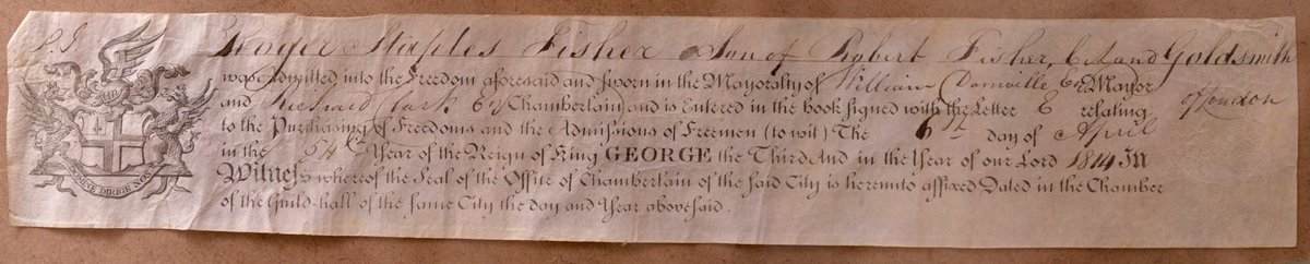 Apparently I'm the youngest recipient of the Freedom of the City of London.

Wow, I felt. Until I was told that this would only stand until 11am tomorrow when the next Freedom is awarded!

(image is of a Freedom certificate from 1814. The very first one was awarded in 1237).