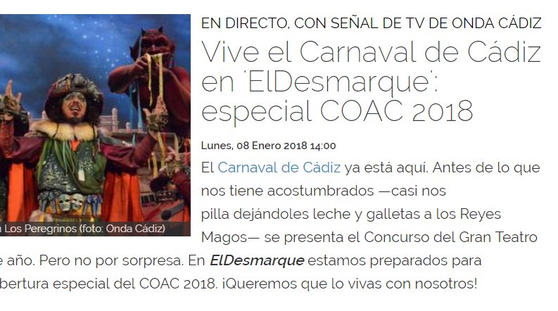 😉 En menos de una hora arranca el #COAC2018... y en 'ElDesmarque' iniciamos una cobertura especial #CarnavalDeCádiz con vídeos y señal de TV en directo de <a href="/OndaCadizTV/">Onda Cádiz</a>. ¡¡¡Entra para conocer los detalles!!! dsmrq.es/COAC2018