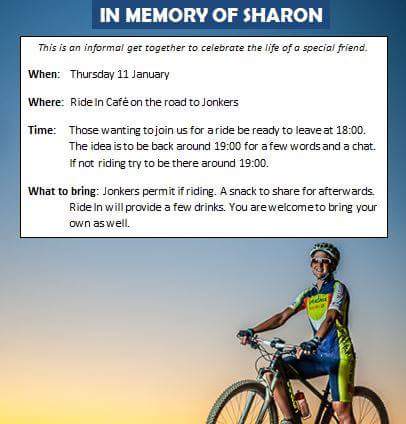 Friends of Sharon Laws, please join us on Thursday at <a href="/_Ridein/">Ride In</a> on the Jonkershoek road, for a ride and to share some memories. I will remember the 1st <a href="/CapeEpic/">capeepic</a> in 2004 where Andre du Plessis <a href="/CapitecBankSA/">Capitec</a> and myself raced with Hanlie and Sharon on the same road to the finish