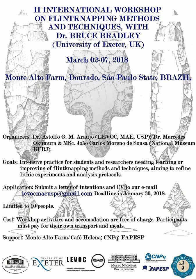 exarc_net's tweet photo. International Workshop on flintknapping methods and techniques, with Dr. Bruce Bradley (University of Exeter, UK) in Brazil. No costs. Register now, maximum 10 people. #experimental archaeology https://t.co/Sv0UG7hO6E https://t.co/YC8PUoGg3r