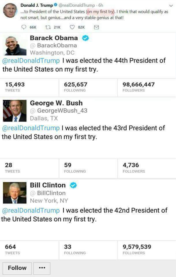 brianmarkovitz's tweet photo. @BarackObama @BillClinton and @GeorgeWBush_43 making Twitter great again! 😂 #trumpingTrump
BTW 45 #presidentapprentance @realDonaldTrump, 2016 was your 2nd run.
#stablegenius #fullofhorseshit #fb https://t.co/jglr371VO2