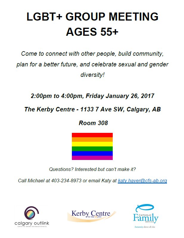 Kerby Centre is co-presenting a #LGBTQ meeting for the 55+ on January 26 with <a href="/yycOutlink/">Calgary Outlink</a> and @CFS_Calgary