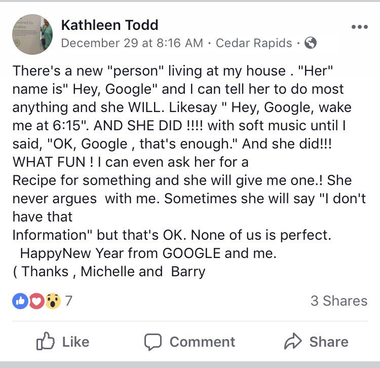 kaelitodd's tweet photo. My 95-year-old grandma got a Google Home for Christmas and it’s the purest thing of 2018 https://t.co/LwgXYqwDoH