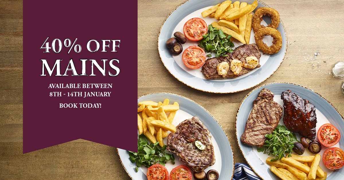 Hello #RossHour and hello January #sales! We’re giving you a brilliant 40% off mains from our main menu between 8th - 14th January! Simply present this post when placing your order &amp; tweet us to book a table! 🍔🍴