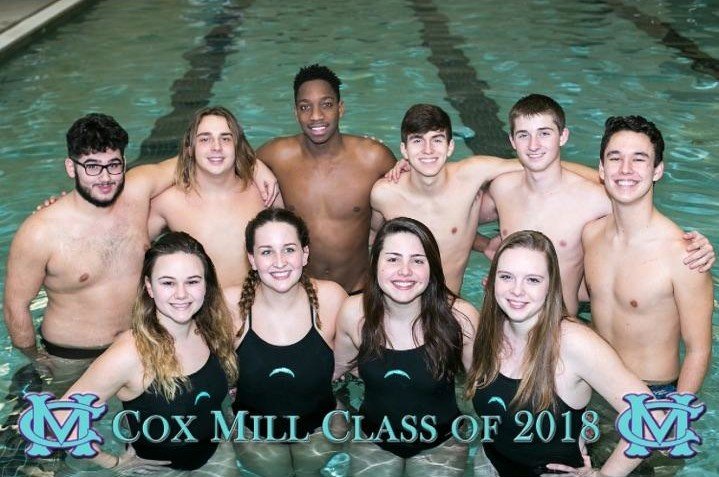 CoxMillAthletic's tweet photo. Senior night at the pool. Thanks seniors! You'll be missed! @CM_SwimandDive @CMHS_Athletics #boltcity #chargerpride https://t.co/F7OquSqBKO