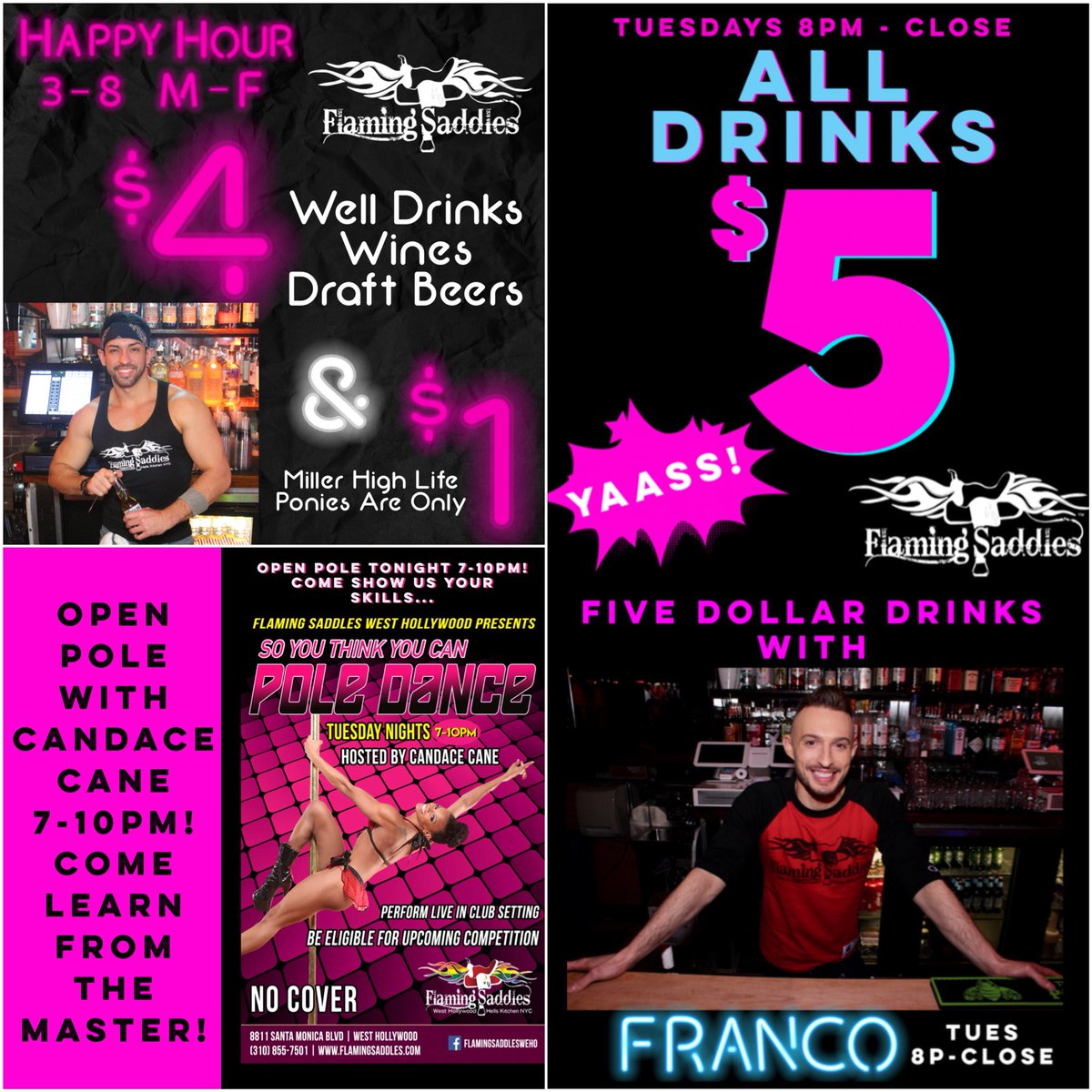 FlamingSaddlesW's tweet photo. Hey, Tuesday...’sup? Happy hour w/ @chrisdiprete 3-8. Open Pole with @Sweetmscandace 7-10. ALL DRINKS $5 8pm ‘til close with @djfxla! Be here. @GayWeHo
🔥💪🏼🕺🏻💃🏽🥃🍸🍺🙌🏼🏳️🌈 #flamingsaddles #neighborhoodbar #openpole #sytycpd #fivedollardrinks https://t.co/RgG0kTv1d2