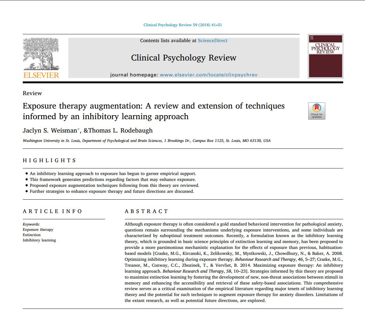 MUST READ FOR ALL CLINICIANS! 
-Move in multiple contexts in multiple ways.
-Explicitly challenge movements deemed threatening.
-Discourage safety behaviours.
-Encourage open discourse/reflection during exposure.
sciencedirect.com/science/articl…