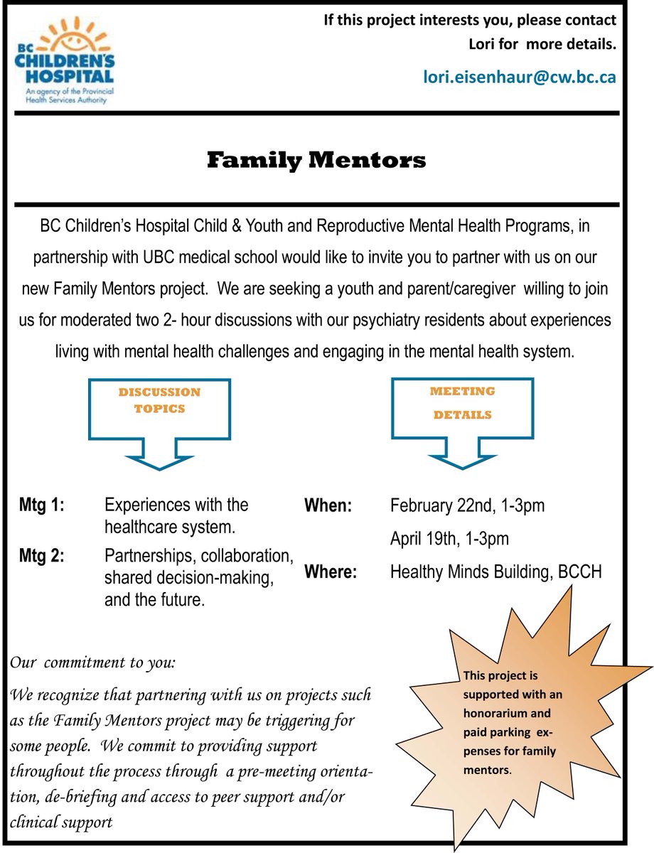 familysmartcda's tweet image. We are seeking a youth and parent/caregiver willing to join
us for moderated two 2- hour discussions with our psychiatry residents about experiences living with #mentalhealth challenges and engaging in the mental health system. @BCChildrensHosp