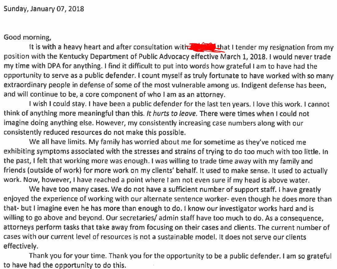 "We all have limits... We have too many cases."

Today, I received another resignation letter from an experienced public defender.  His family, relationships, and health can no longer endure the strains of his PD workload.

Big loss to the state and his clients.